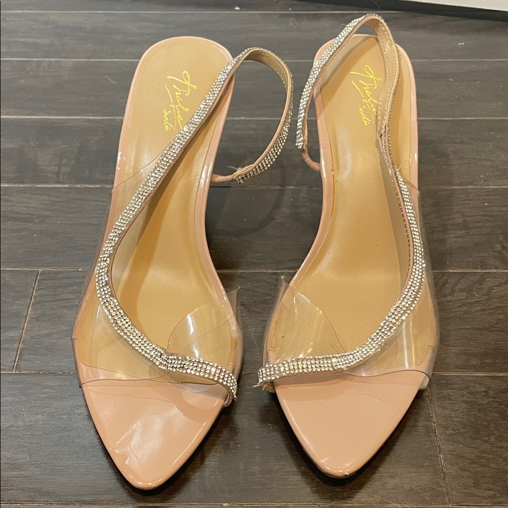 Thalia Sodi Transparent Blush Heels with Rhinestone Straps